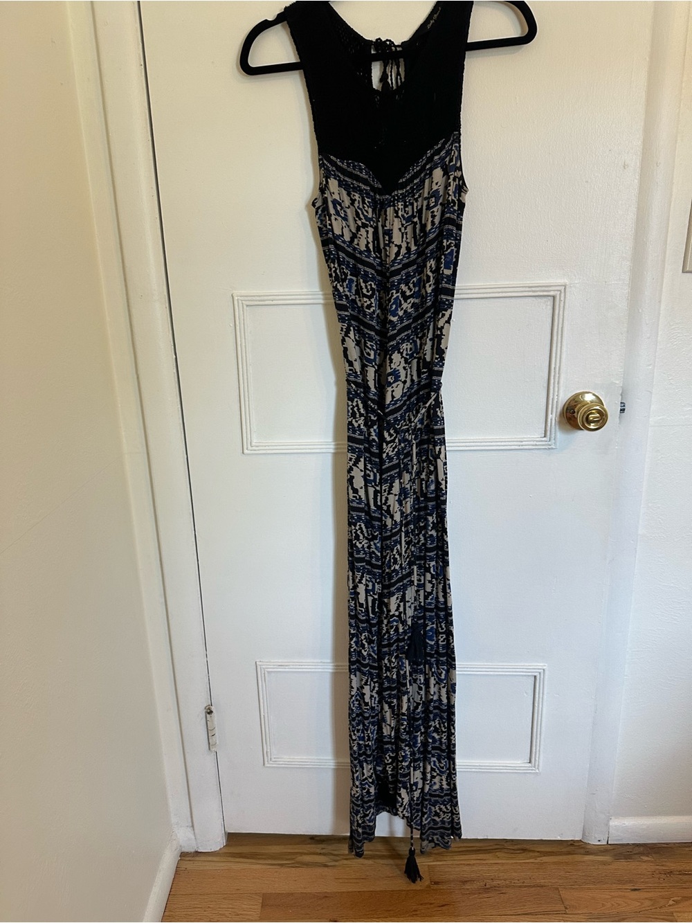 Lucky Brand Navy and Cream Printed Maxi Dress with Crochet neckline